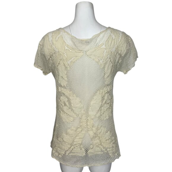 Anthropologie Lilka Mesh Appliqued Tunic Top S Cream Coverup Cap Sleeve Bohemian - Picture 2 of 11